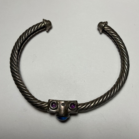 Sterling Silver Open Cable Cuff Bracelet with Blue Topaz Stones. 2 3/8” across - Picture 5 of 7